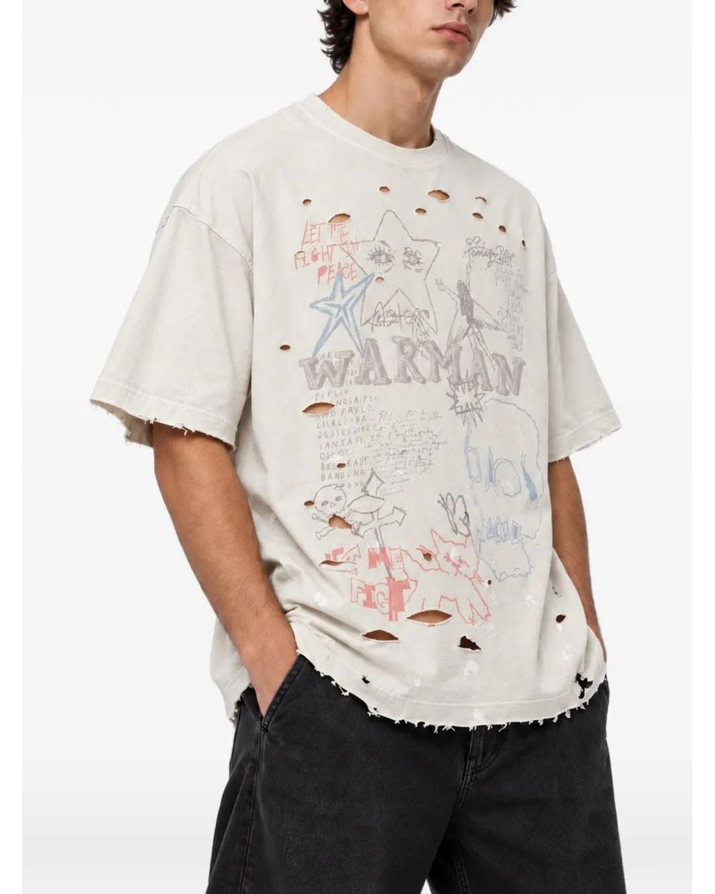 WARMAN White Distressed Graphic-Print T-Shirt for men