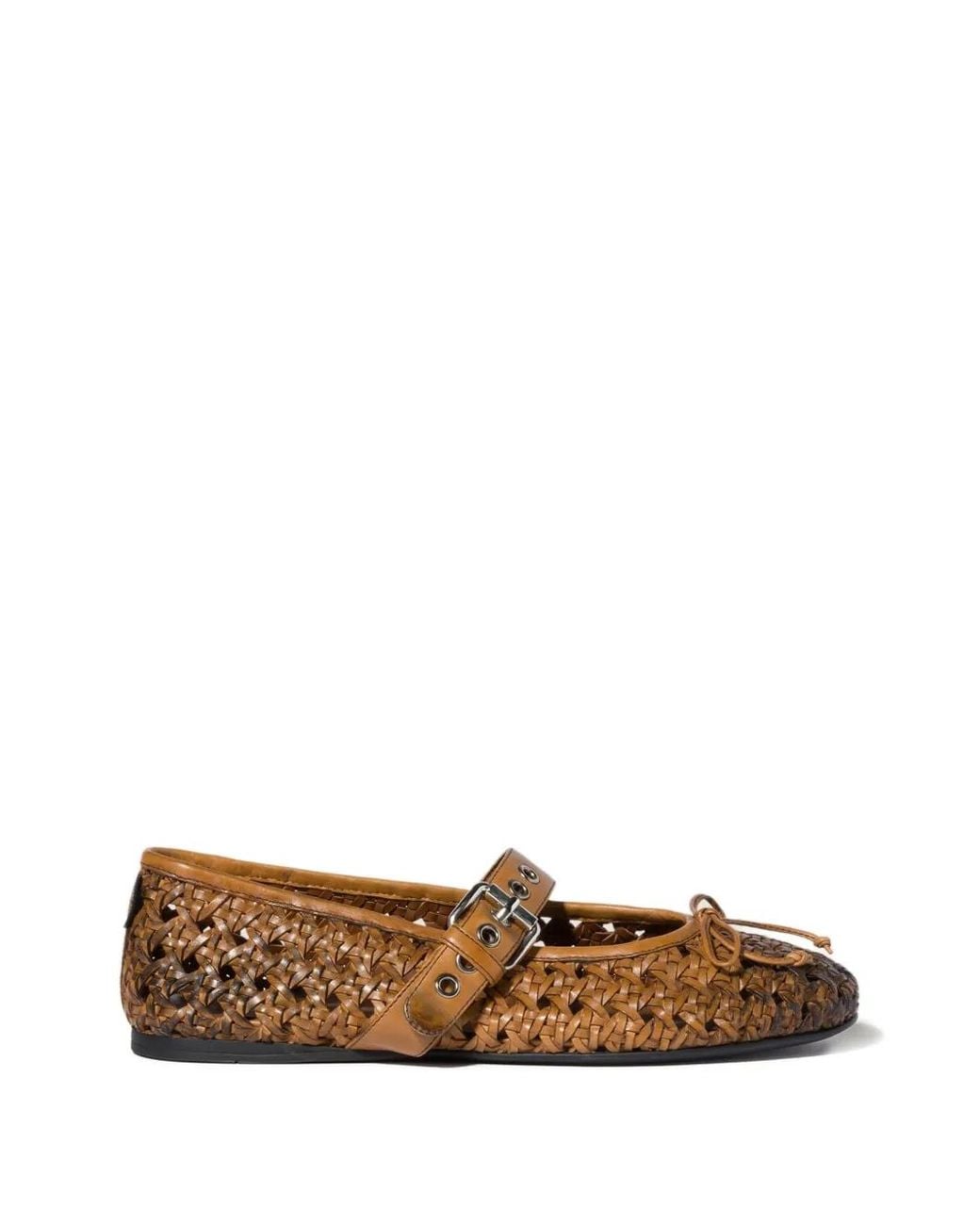 Miu Miu White Woven Buckle-Strap Ballet Flats
