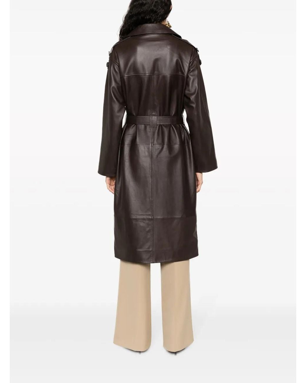 Yves Salomon Black Double-Breasted Leather Trench Coat