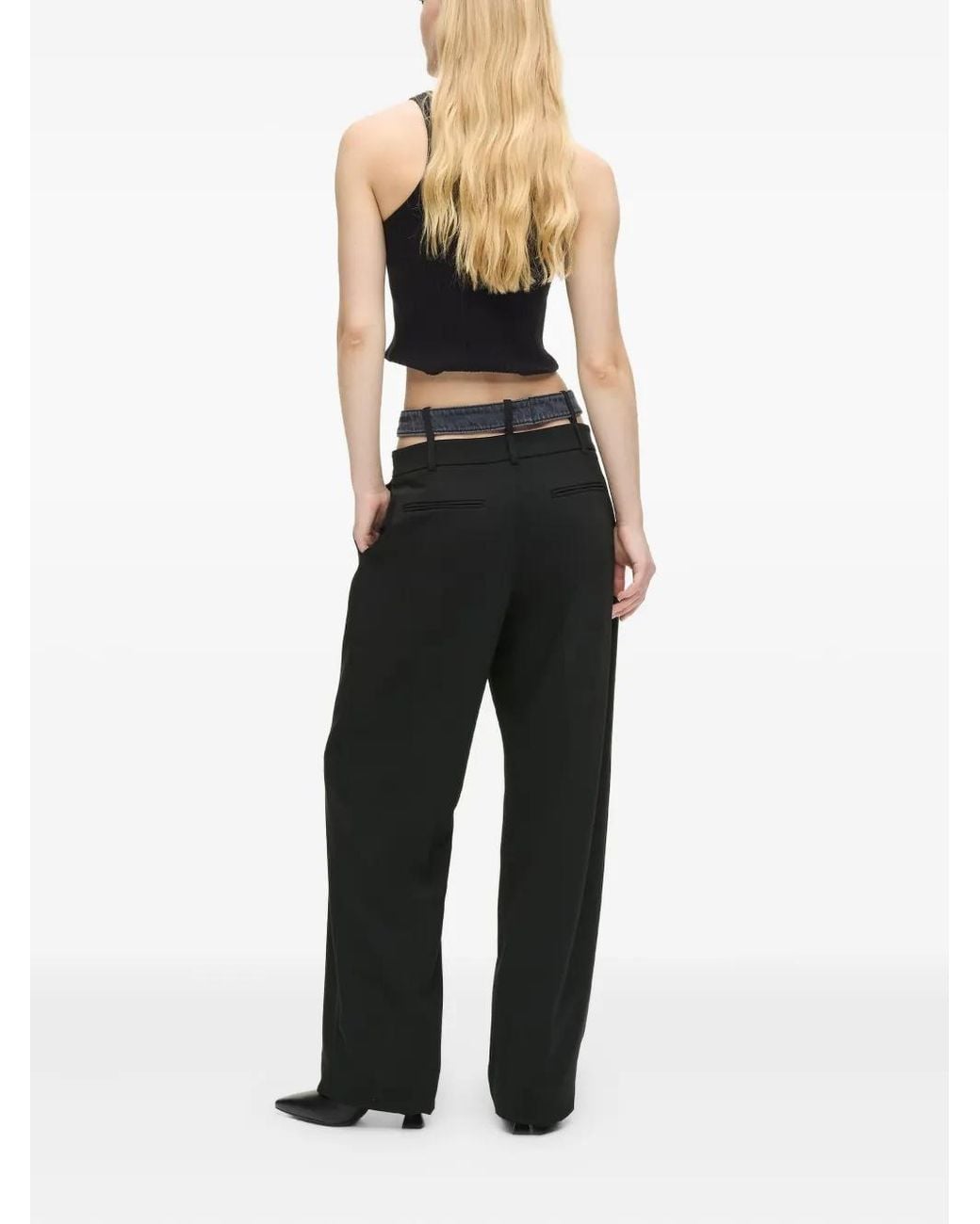 Karl Lagerfeld Black Wide-Leg High-Waisted Tailored Pants With Denim-Inspired Belt