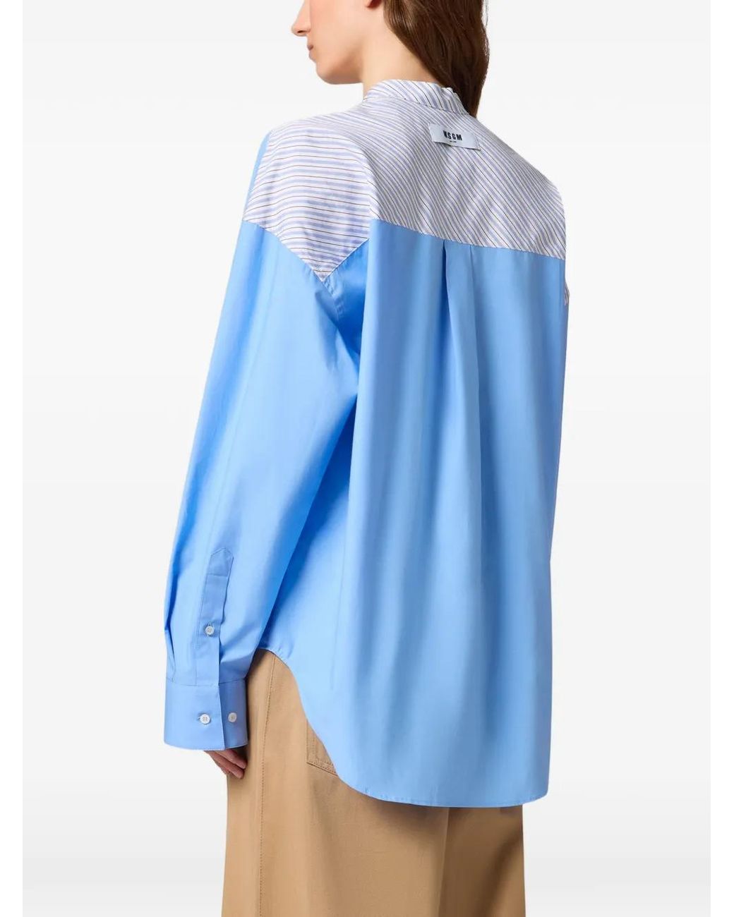 MSGM Blue Stripe-Panelled Cotton Shirt