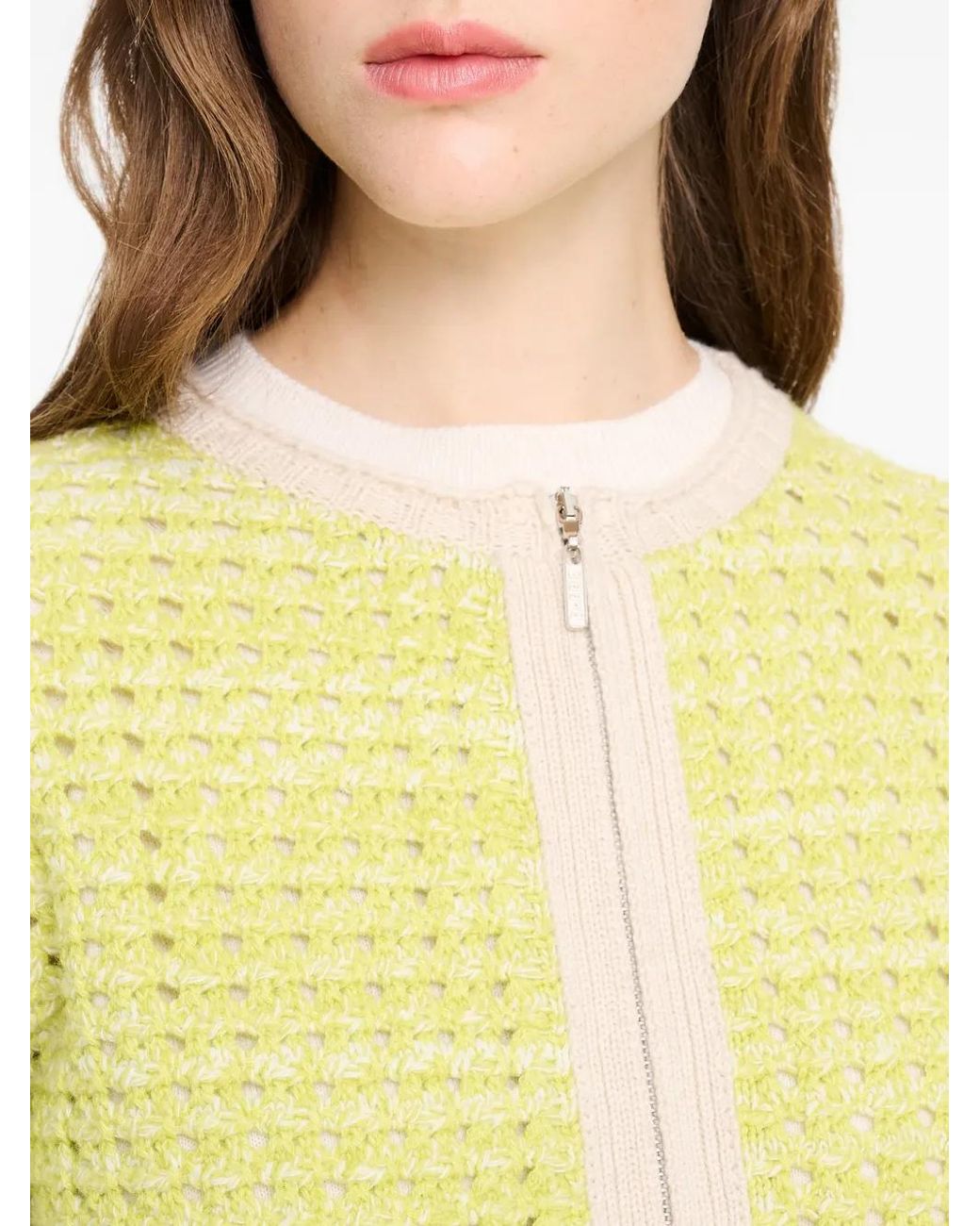 Barrie Yellow Crochet-Knit Zip-Up Cardigan