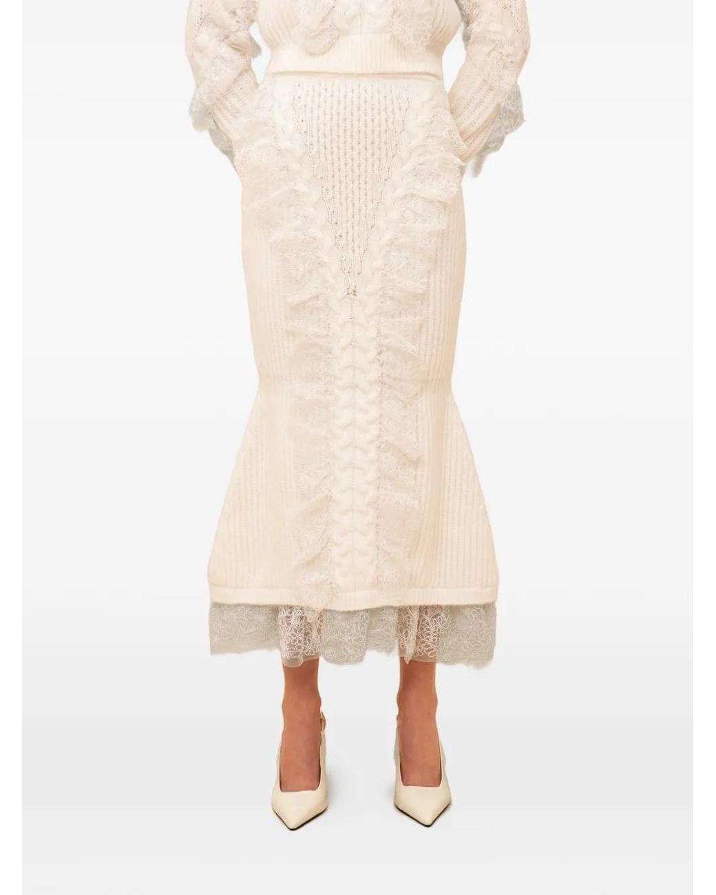 Contessa Mills Natural Wildes Lace-Trimmed Cable-Knit Skirt