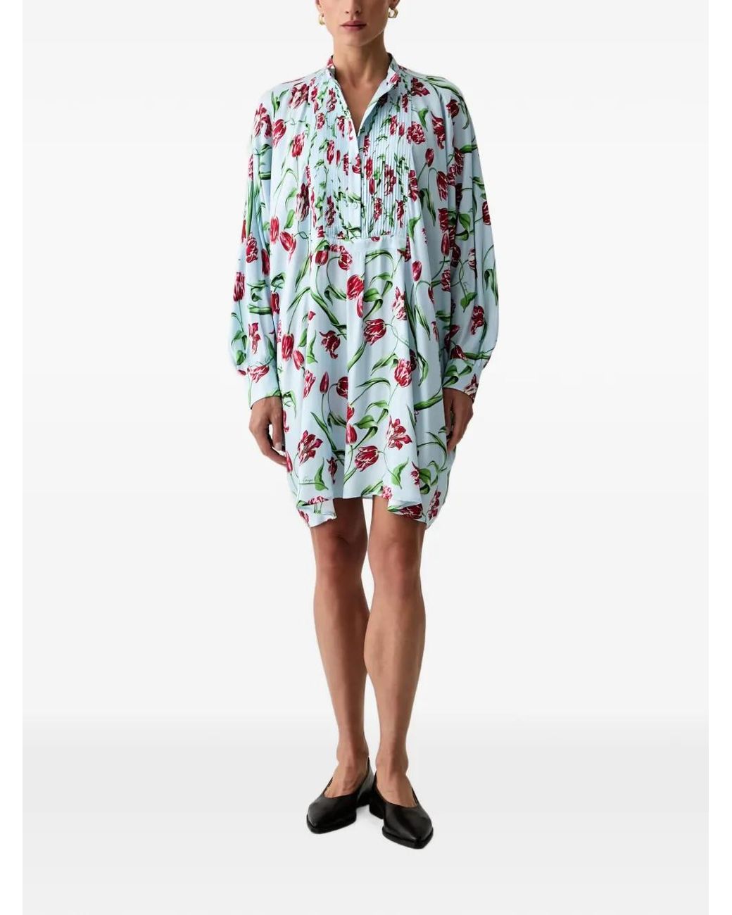 KENZO Blue Tulip-Print Pintuck-Pleat Mini Dress