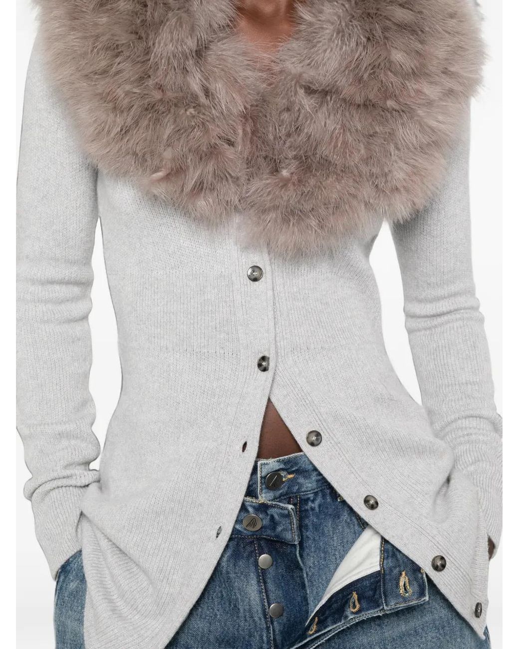 Blumarine White Faux-Fur Collar Ribbed Cardigan