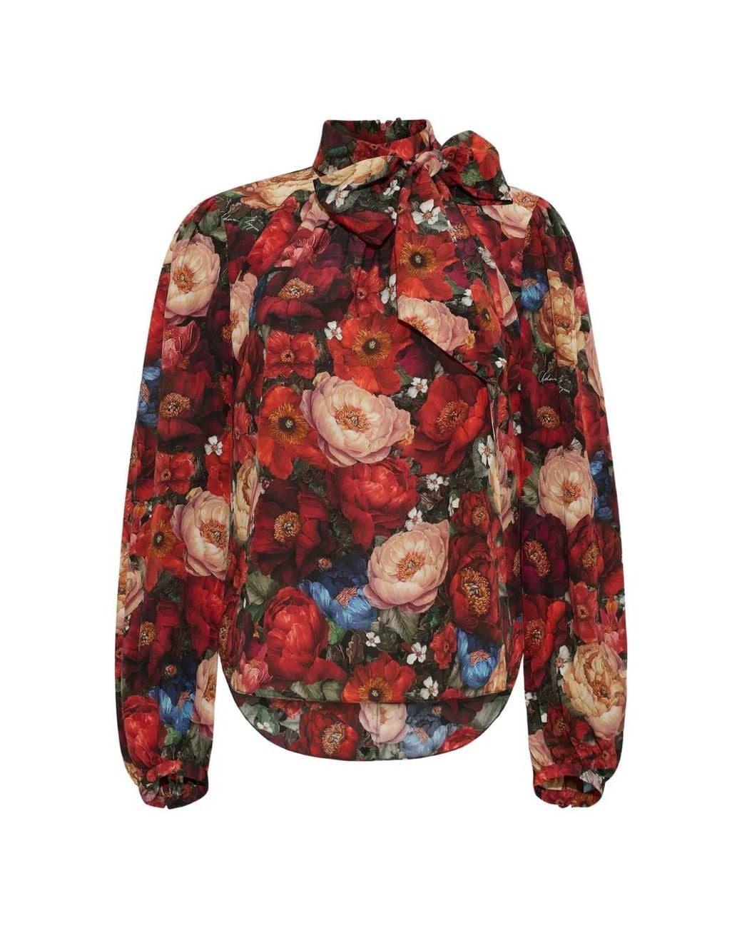 Adam Lippes Red Joan Floral-Print Silk Blouse