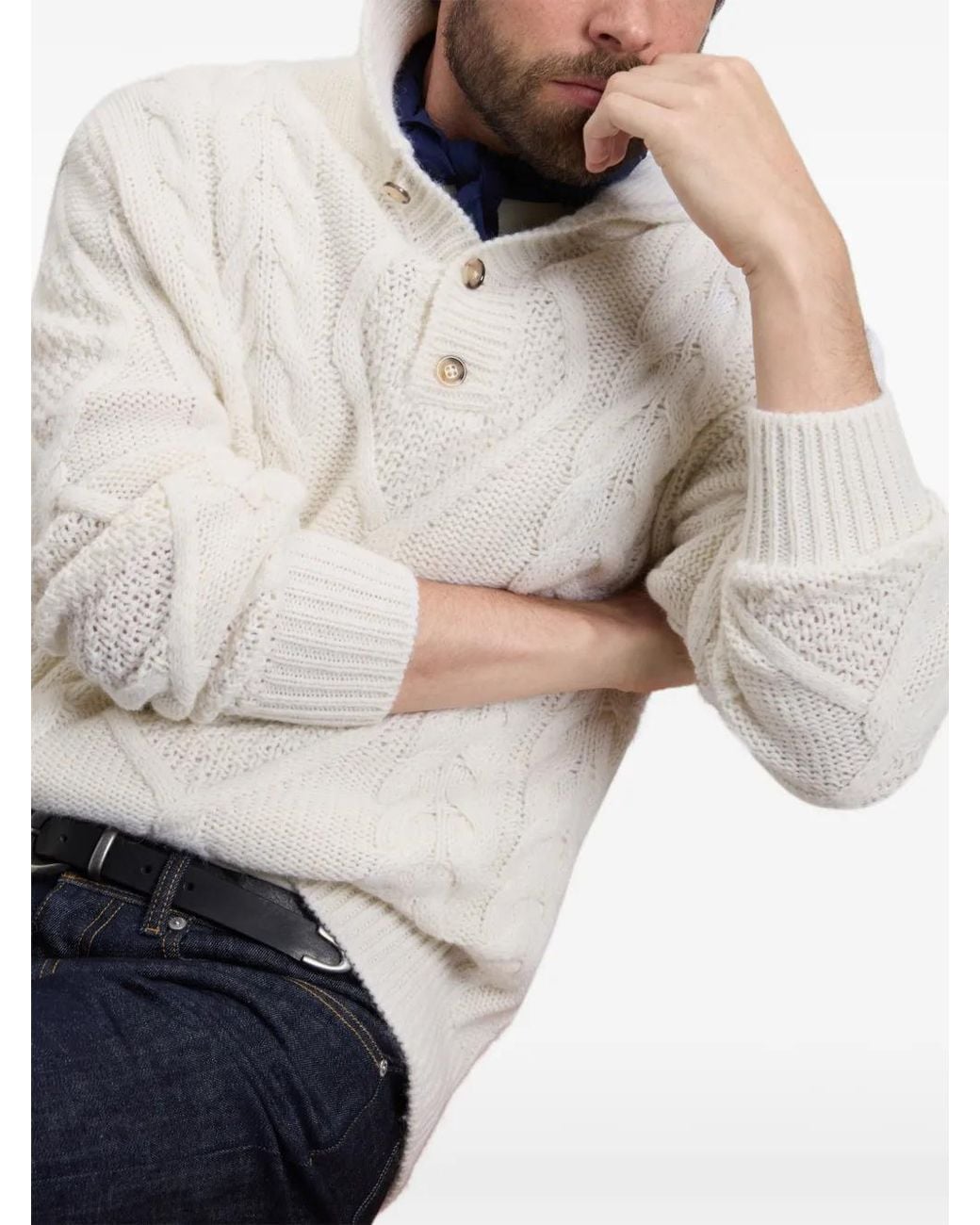 Woolrich White Cable-Knit Shawl-Neck Sweater for men