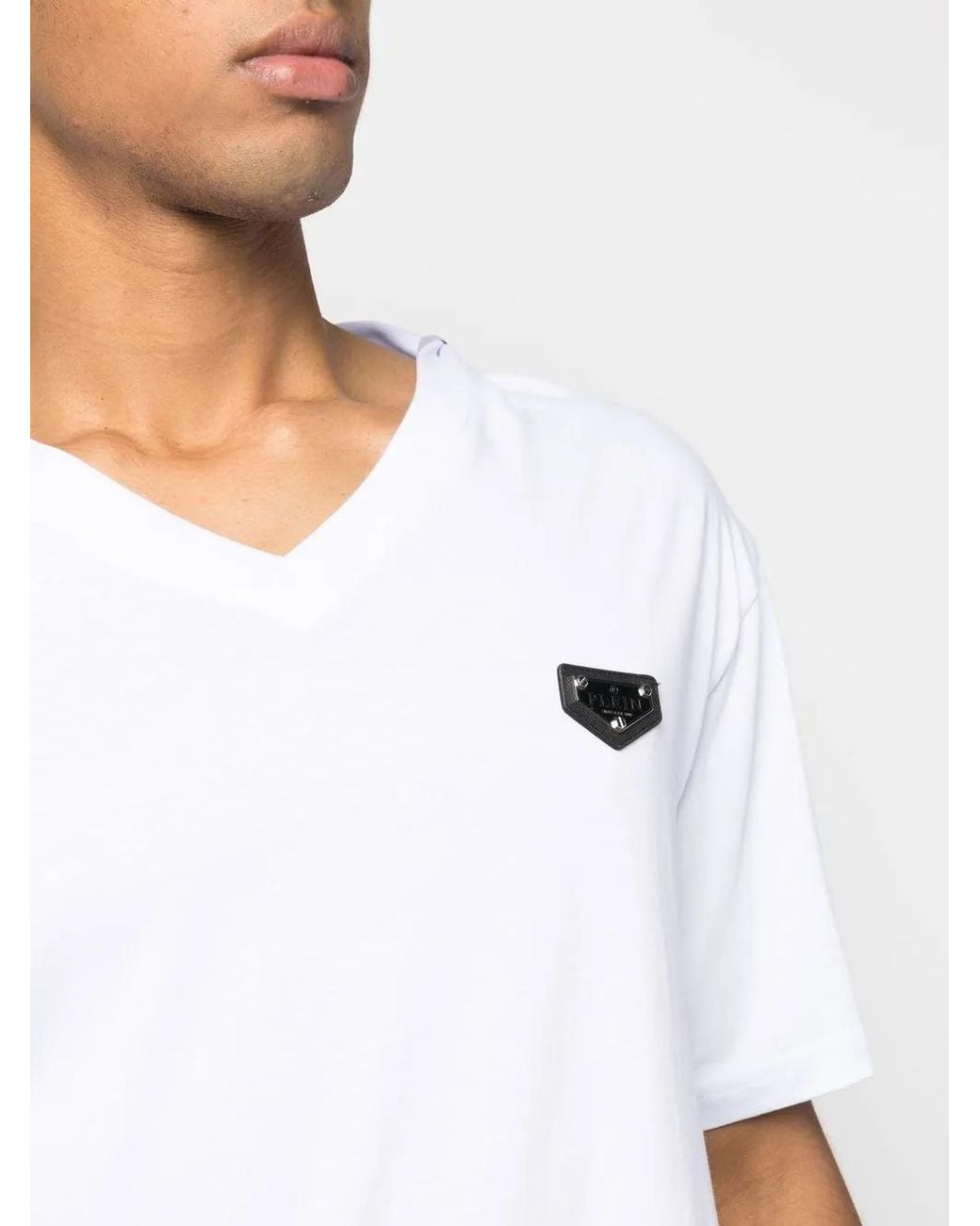 Philipp Plein White Logo-Plaque V-Neck T-Shirt for men