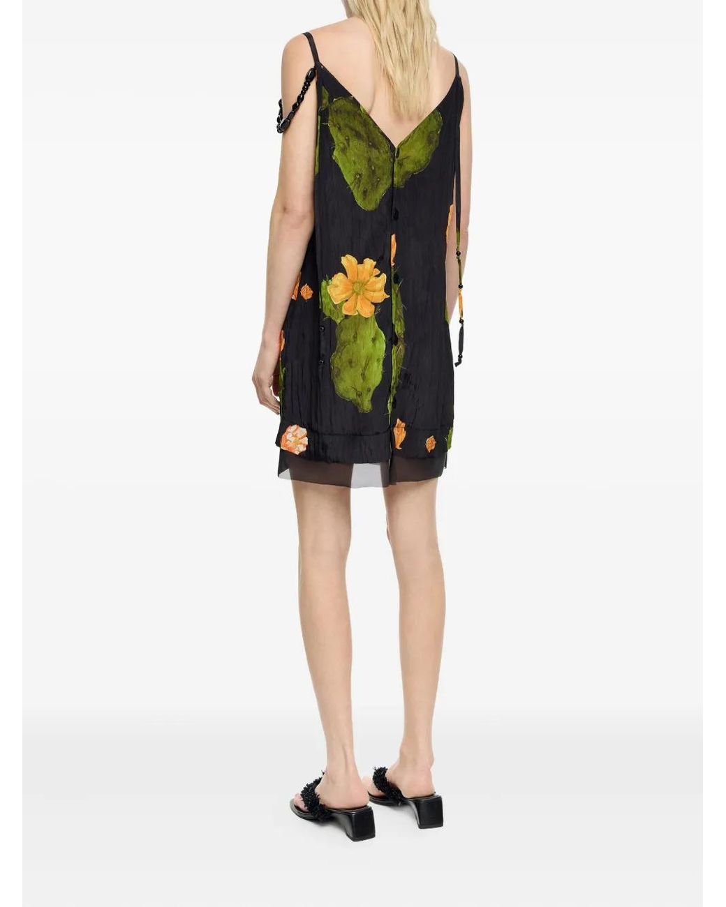 bimba y lola black dress Cactus-Print Beaded-Strap Mini in over mirror embroidery BIMBA Size:7XL52 Black knot Color:Blue Black Floral Jacquard Tie-Strap