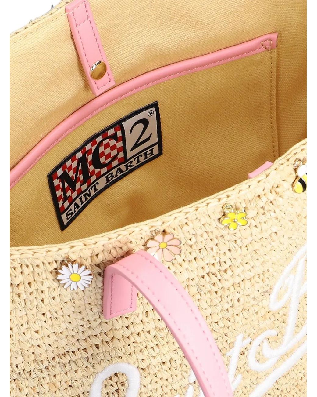 Mc2 Saint Barth White Midi Raffia City Floral-Embellished Shoulder Bag
