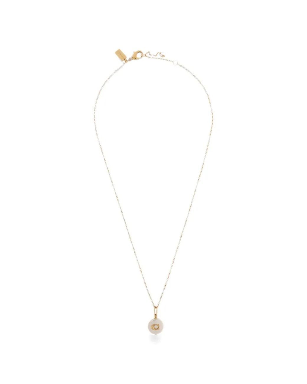 COACH White Logo-Plaque Pearl-Pendant Necklace
