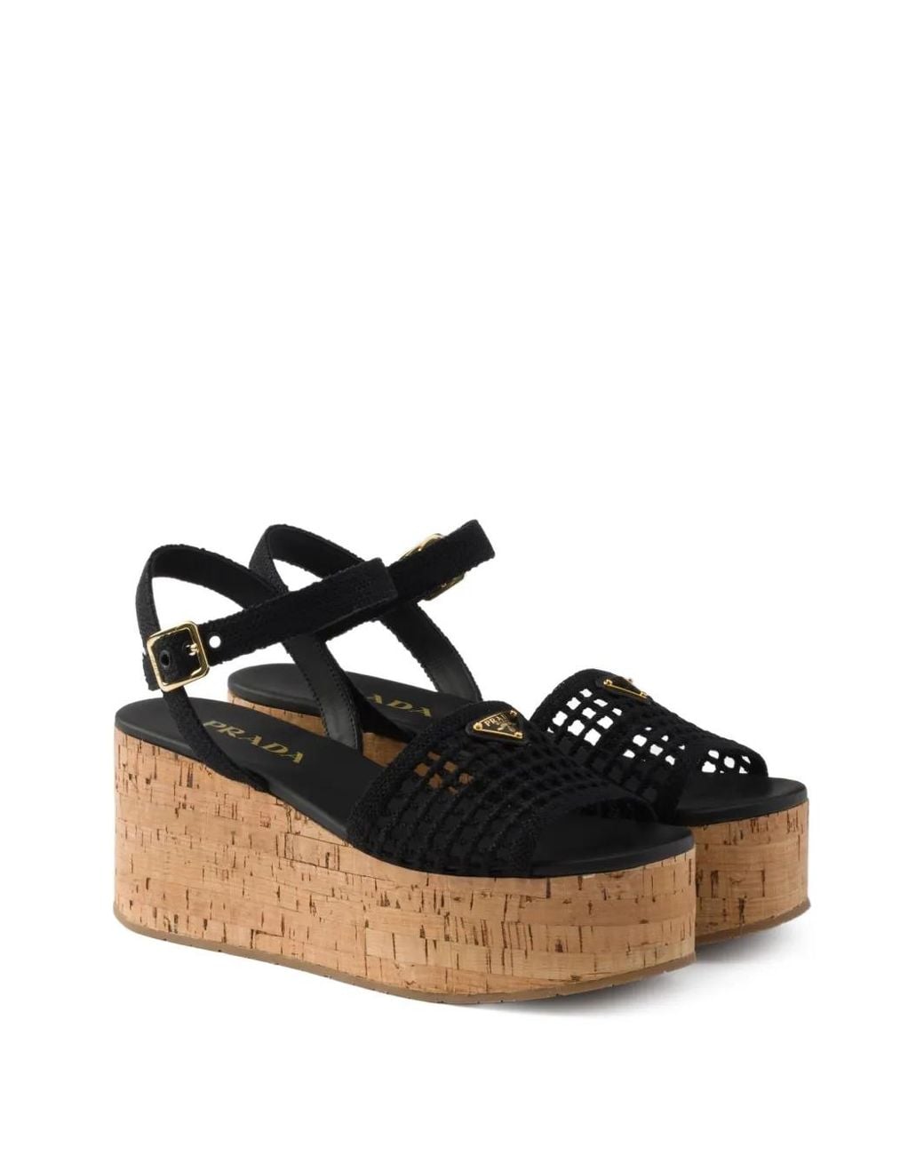 Prada Black Crochet Wedge Platform Sandals