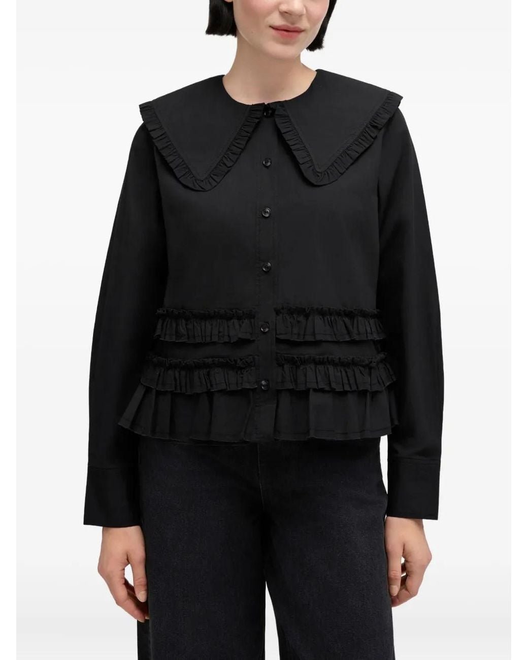 Ganni Black Stretch Cotton Ruffle Shirt
