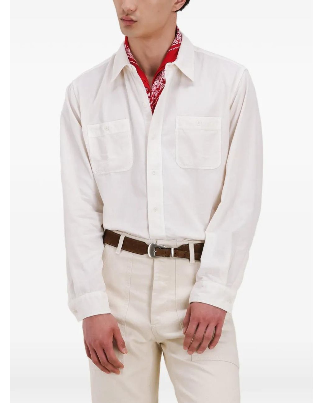 Fortela White Work Corduroy Patch-Pocket Shirt for men