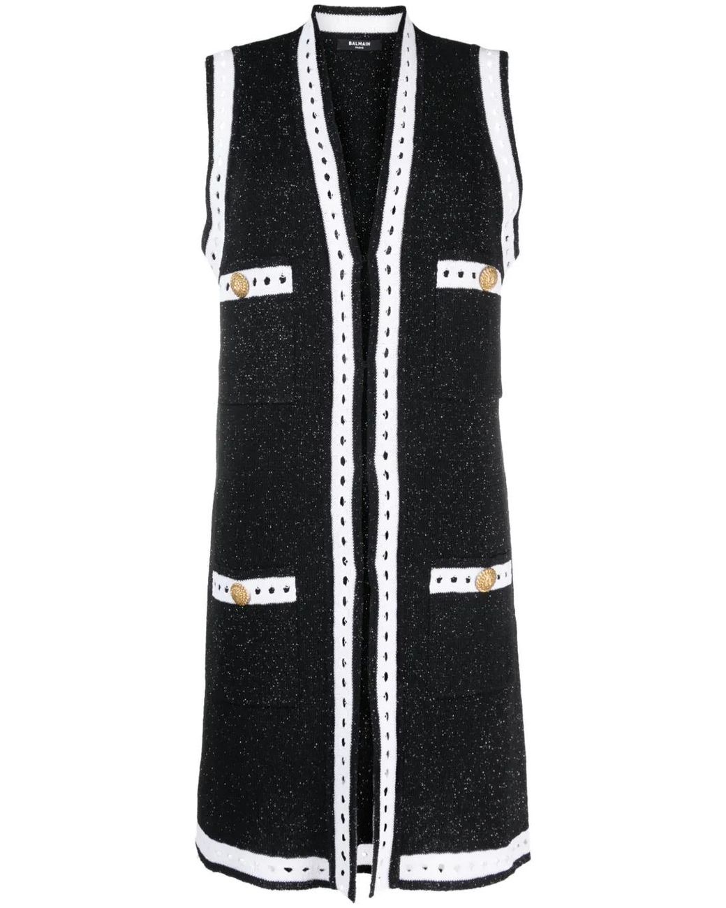 Balmain Black Sleeveless Lace Knit Long Cardigan, 100% Cotton