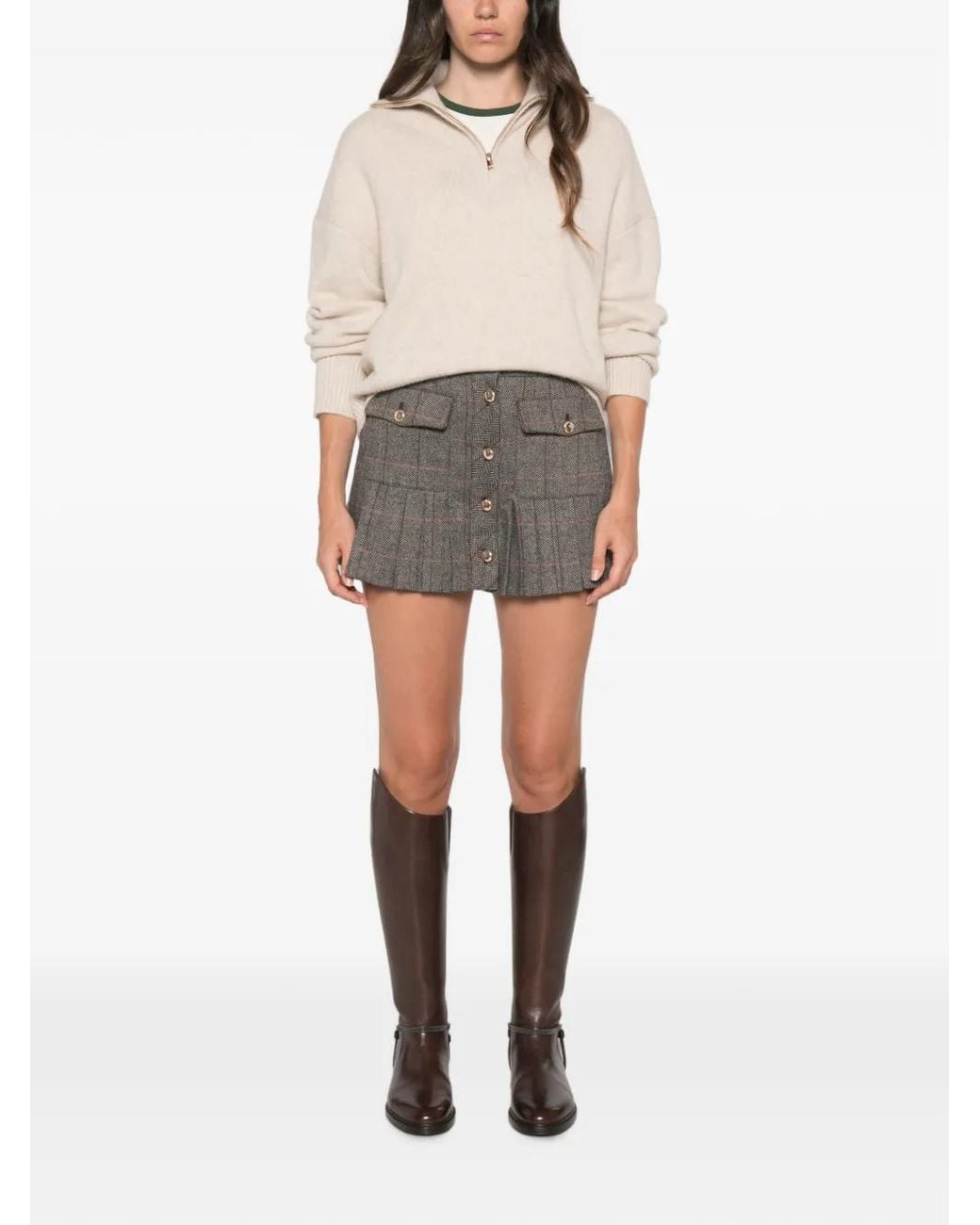 Maje Gray Check-Pattern Mini Pleated Skirt