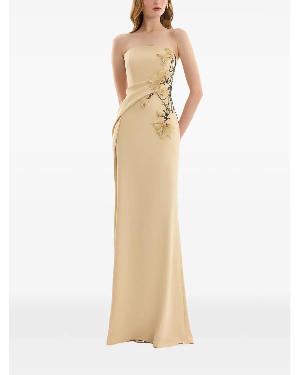 Gemy Maalouf Natural Strapless Floral-Detail Maxi Dress