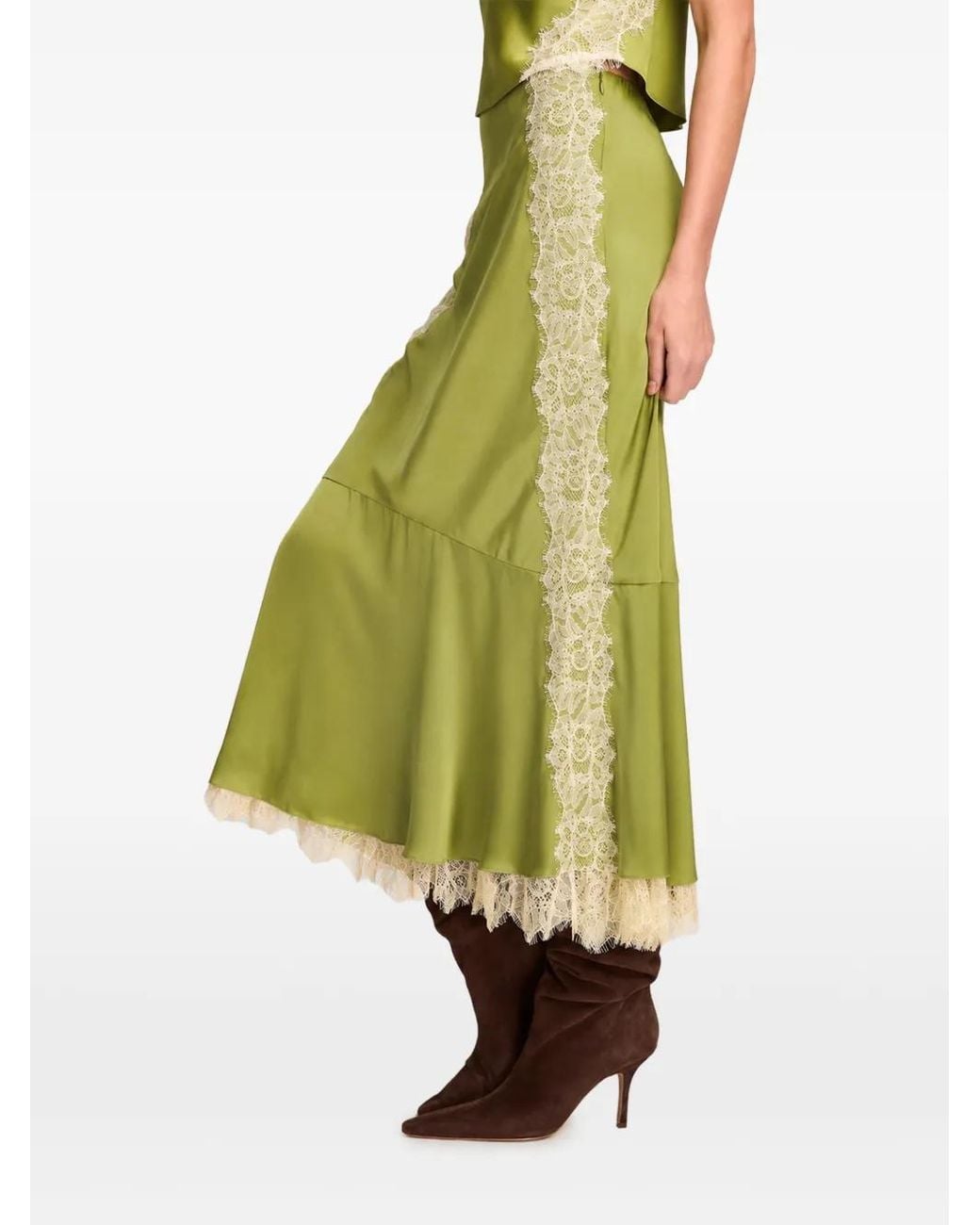 Cinq À Sept Green Esme Lace-Trim Midi Skirt
