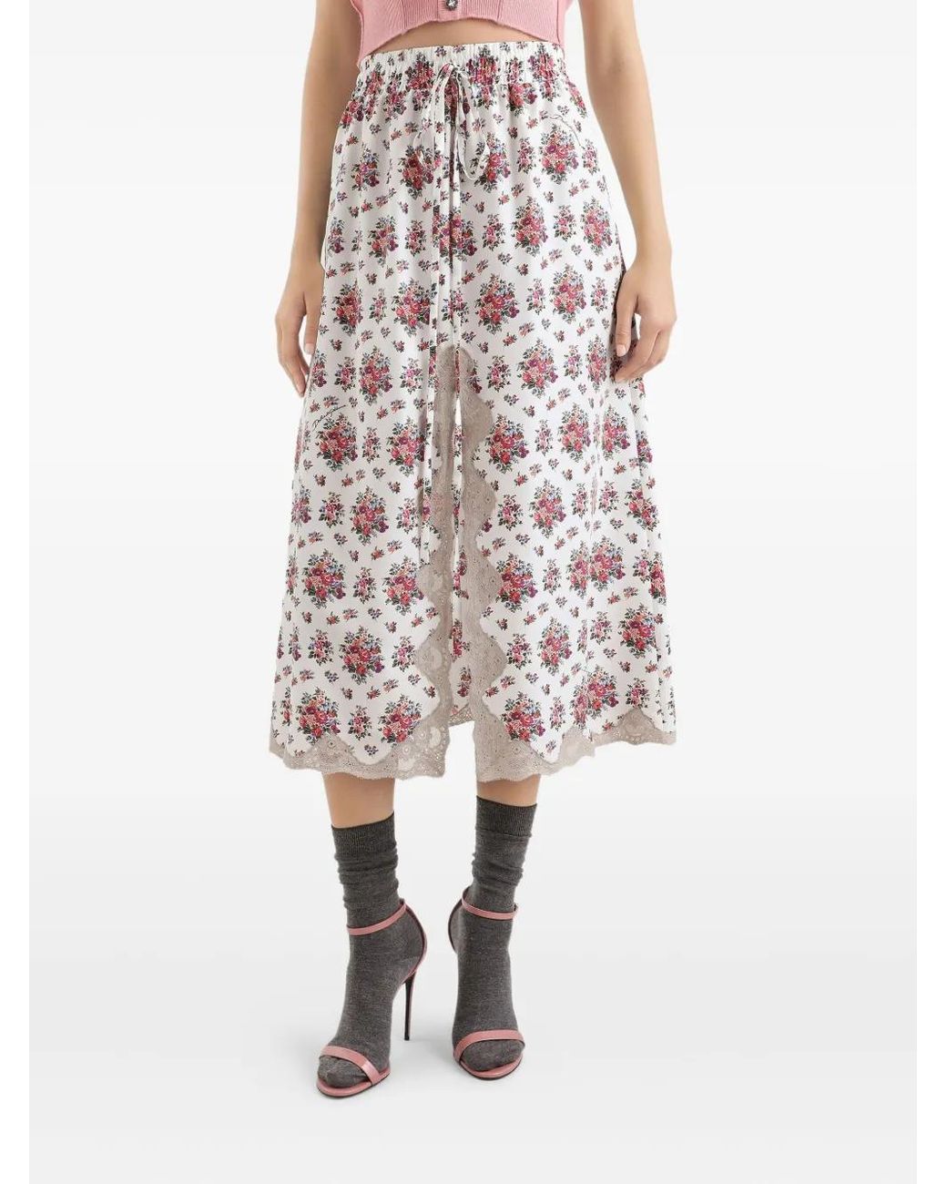 Dolce & Gabbana White Silk-Blend Floral Midi Skirt