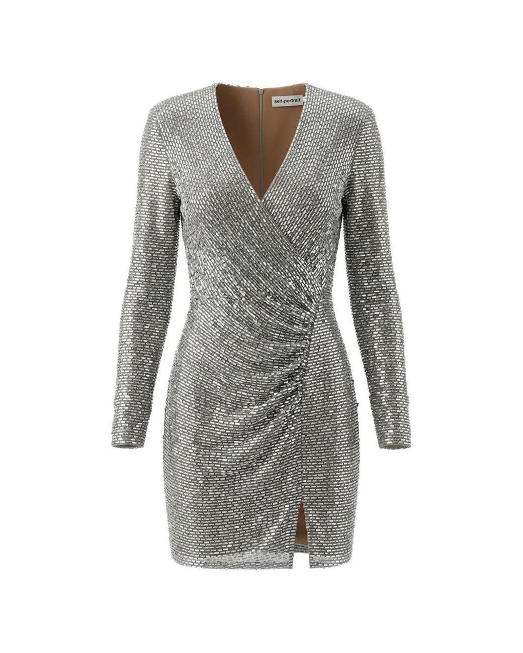 Self-Portrait Gray Rhinestone-Embellished Wrap-Style Dress
