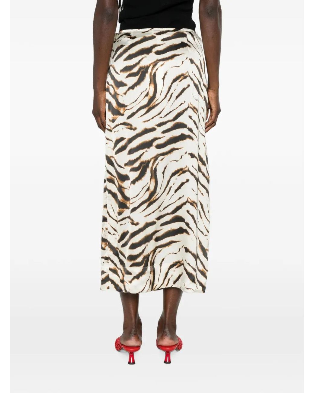 Ganni Natural Mix-Print Midi Skirt