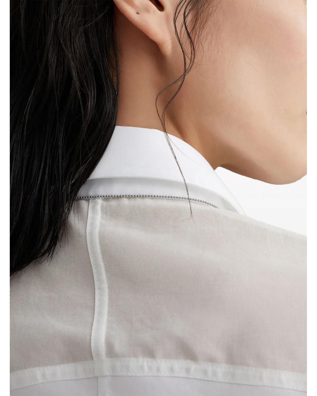 Brunello Cucinelli White Stretch Cotton Poplin Shirt With Light Knit Sleeves And Necklace