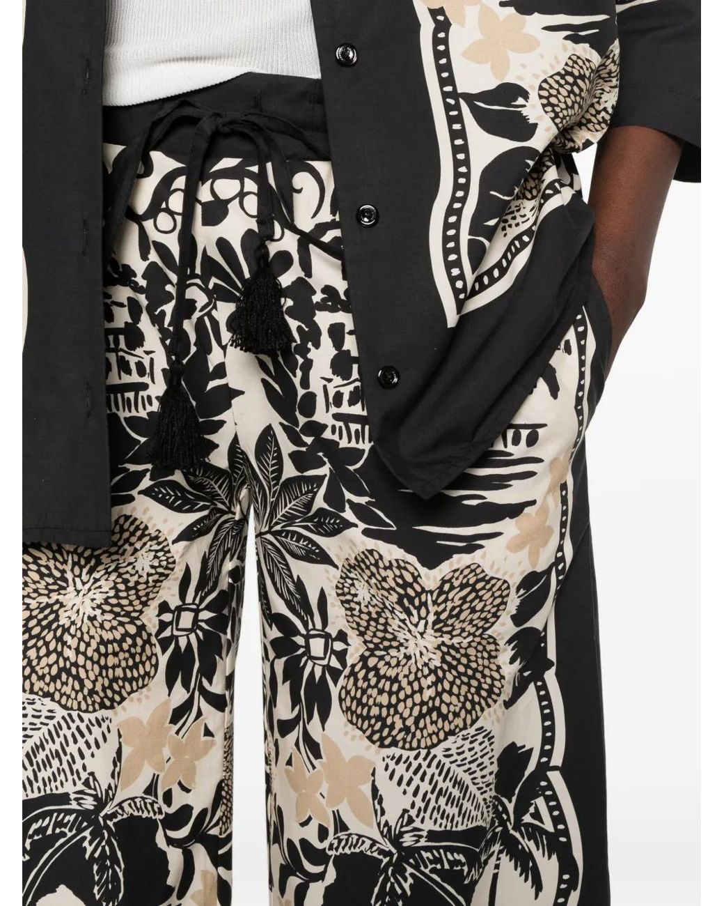 ERMANNO FIRENZE White Graphic-Print Drawstring Palazzo Trousers