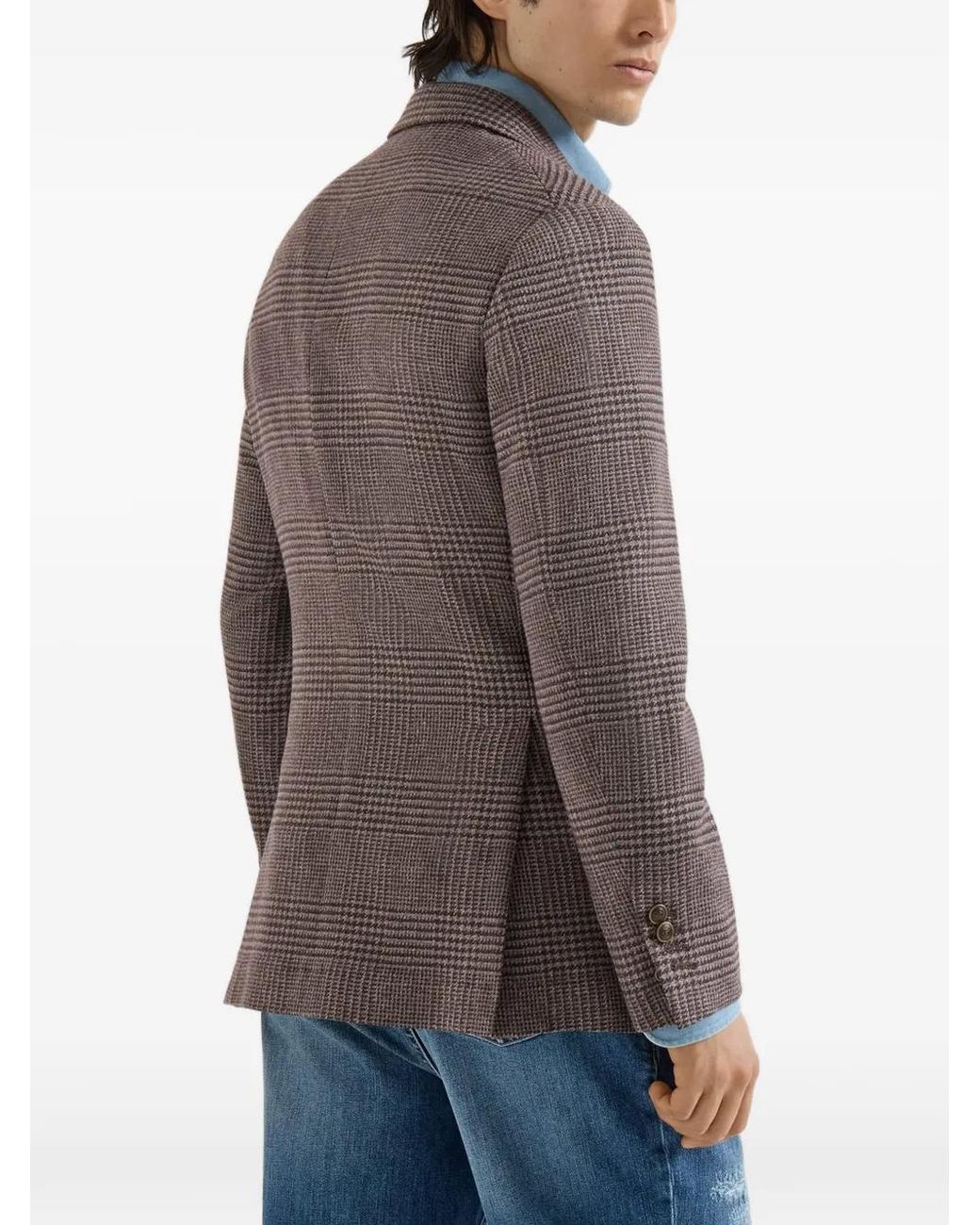 Brunello Cucinelli Brown Comfort Wool And Cashmere Prince Of Wales Flannel Deconstructed Cavallo Blazer for men