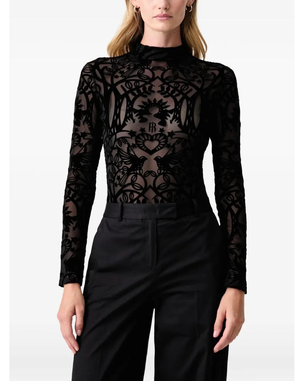 Fracomina Black Velvet-Patterned Mesh Body
