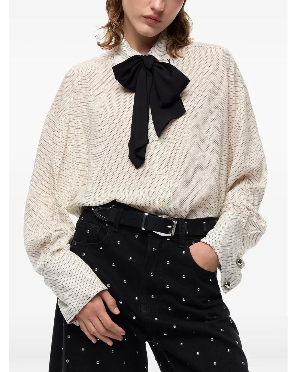Pinko White Poplin Shirt With Removable Tie And Polka Dots