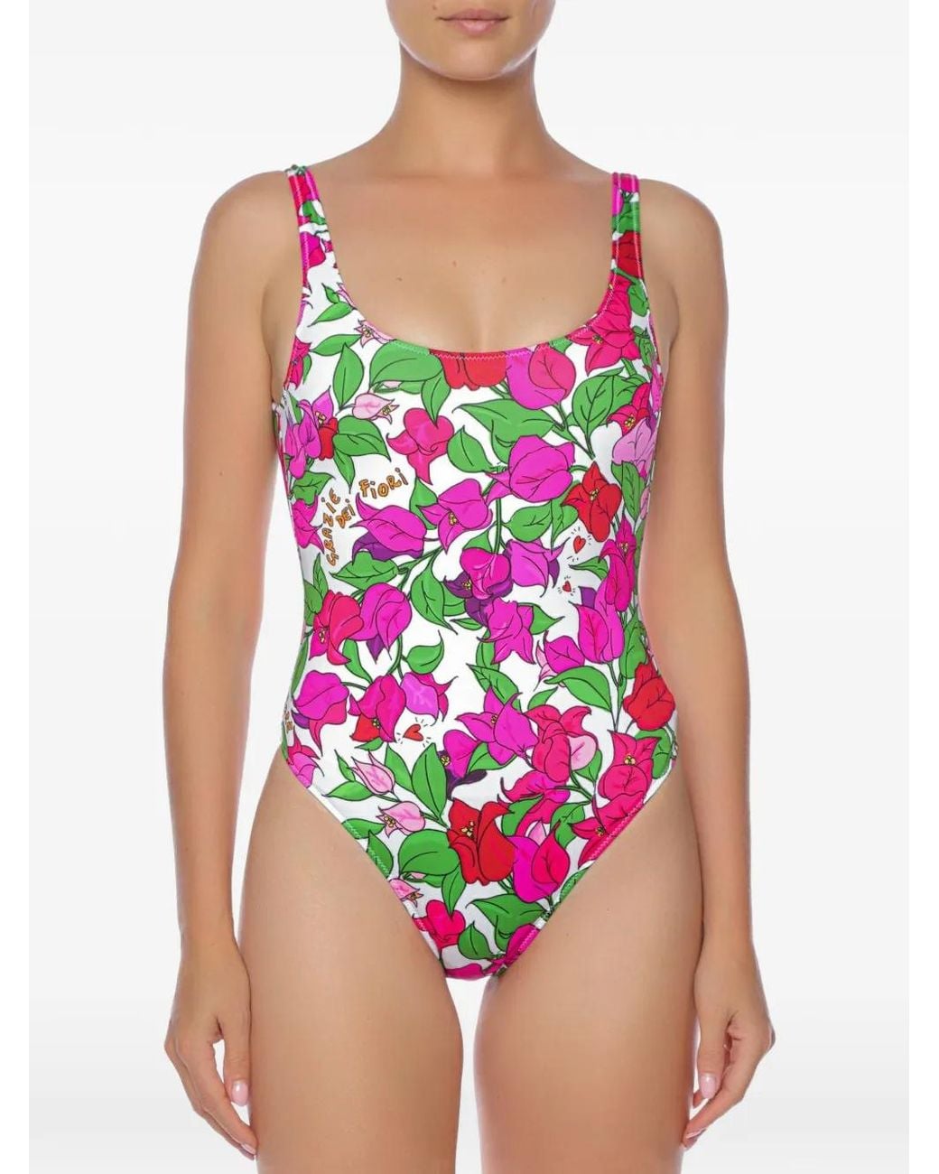 Mc2 Saint Barth Pink Lora Bougainvillea-Print Swimsuit