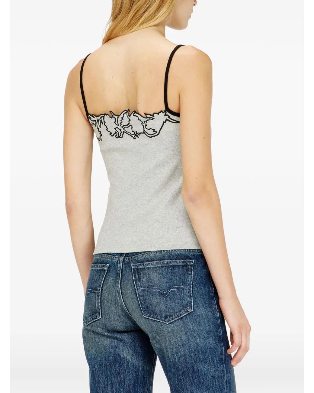 DIESEL White Ribbed Camisole With Floral Outline Embroidery