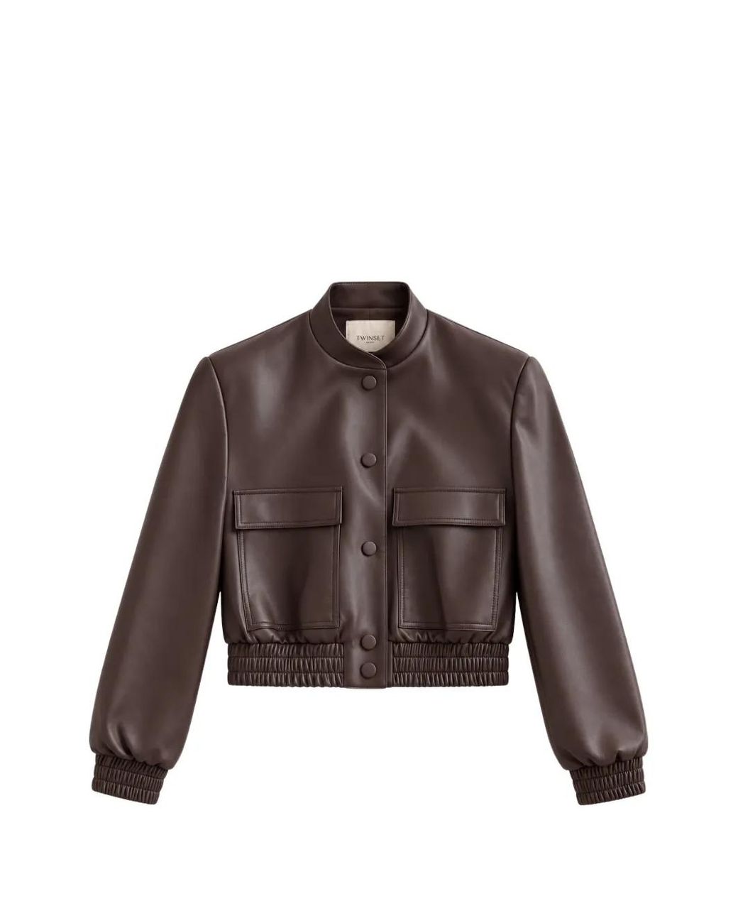 Twinset Brown Faux-Leather Bomber Jacket With Pockets