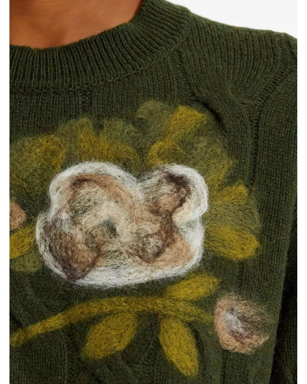 Erdem Green Cable-Knit Floral-Embroidered Sweater