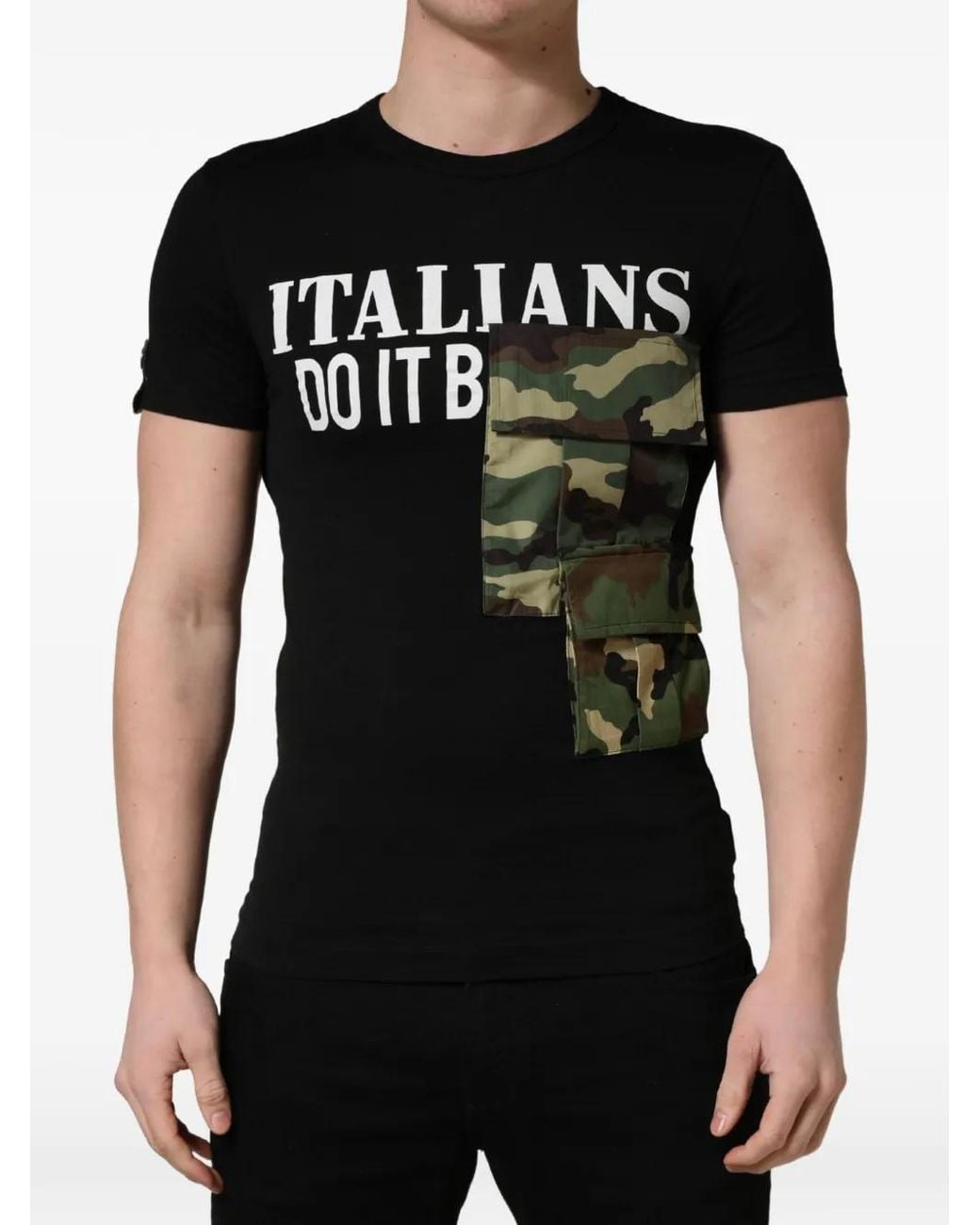 Dolce & Gabbana Black Camo-Pocket Slogan-Print T-Shirt for men