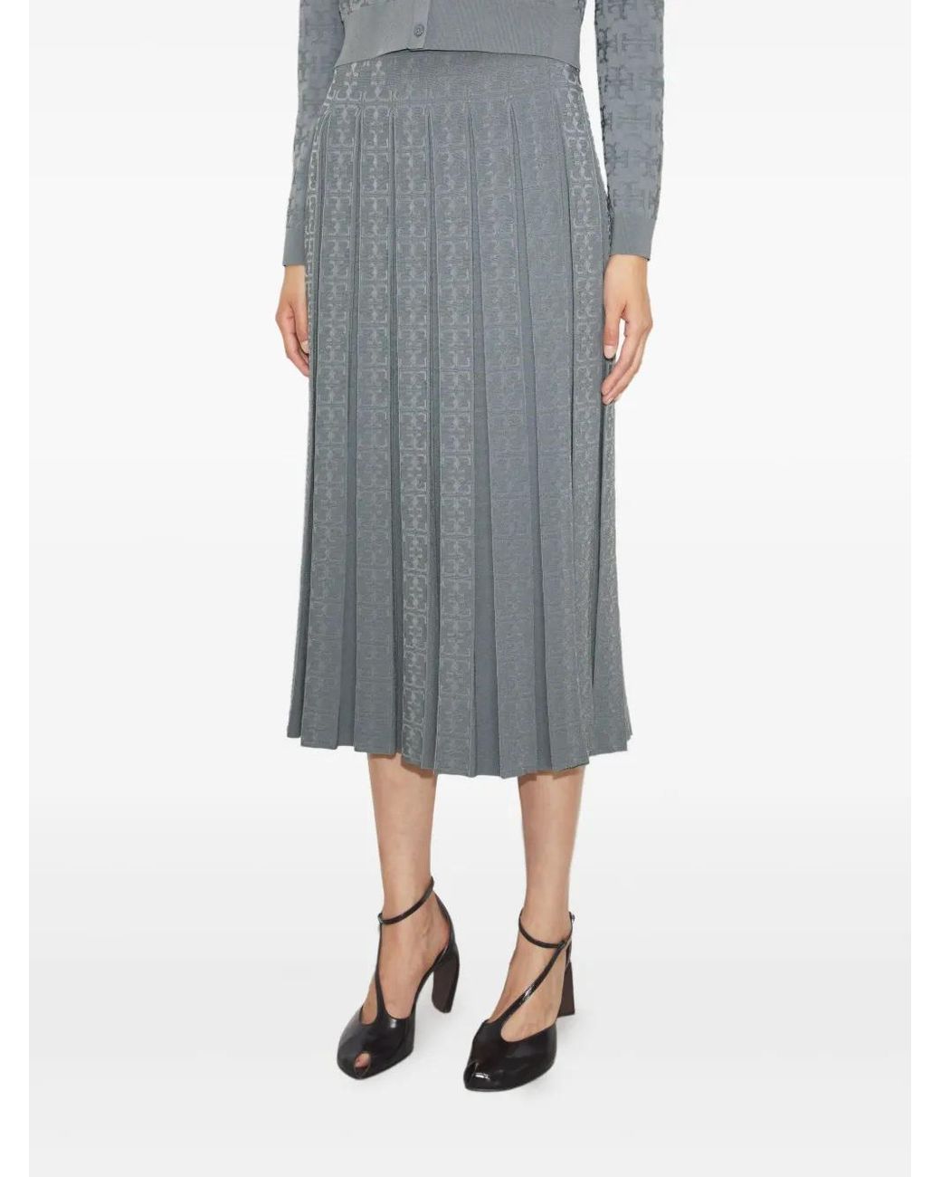 Tory Burch Blue T-Monogram Midi Pleated Skirt