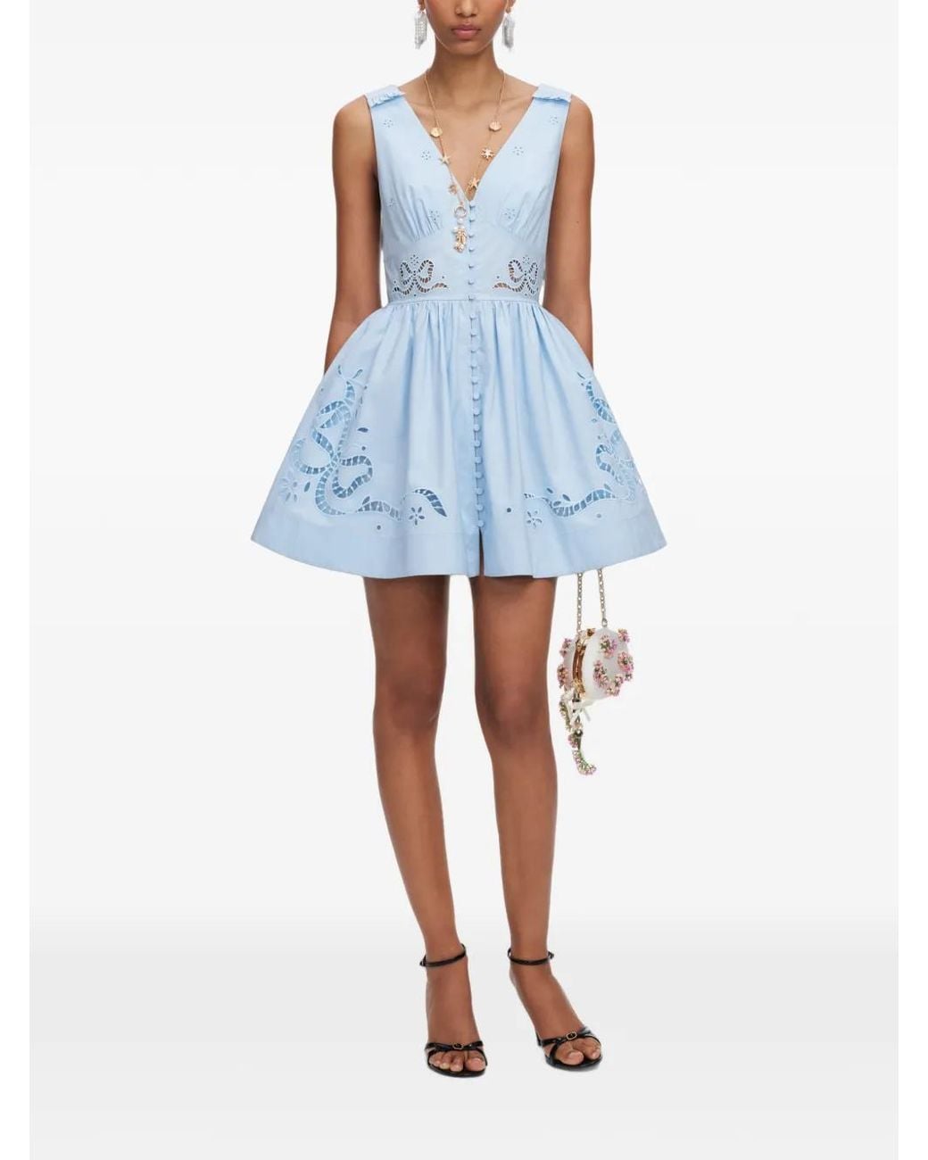 Self-Portrait Blue Elegant Mini Dress With V-Neck And Embroidery