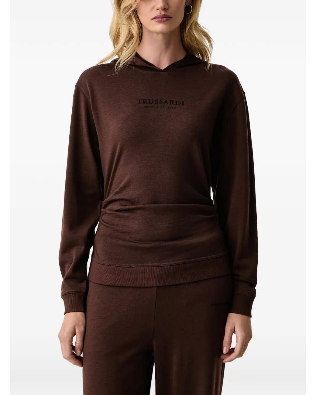 Trussardi Brown Logo-Print Ruched Hoodie