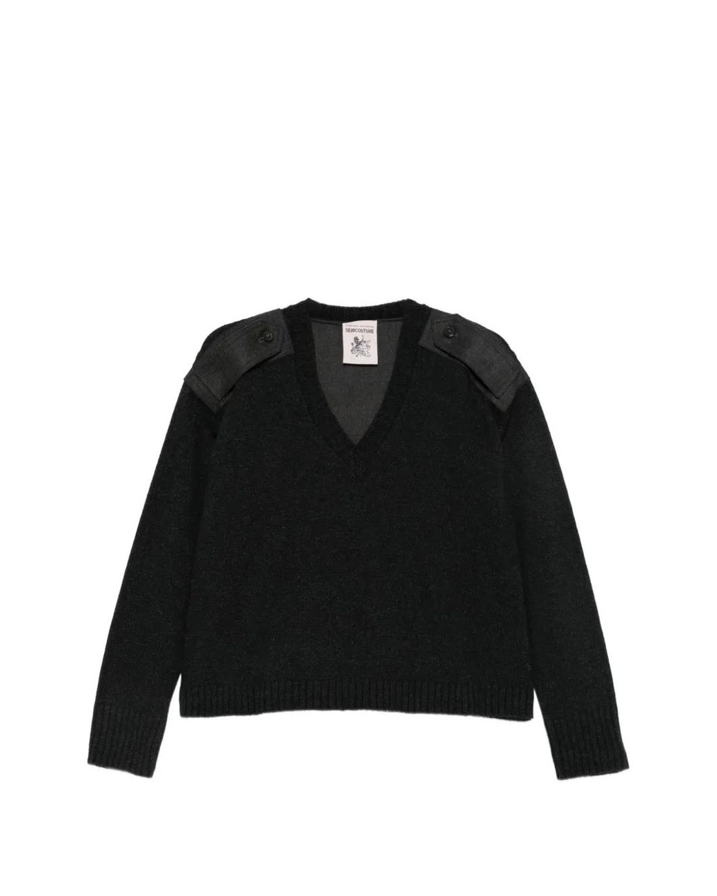 Semicouture Black Epaulette-Detail V-Neck Sweater