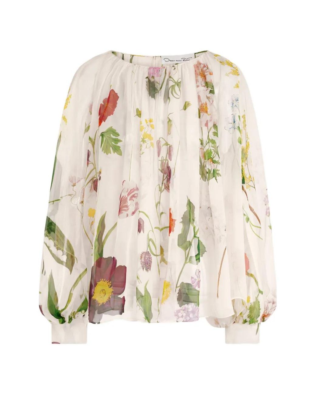 Oscar de la Renta White Botanical-Print Silk-Chiffon Blouse