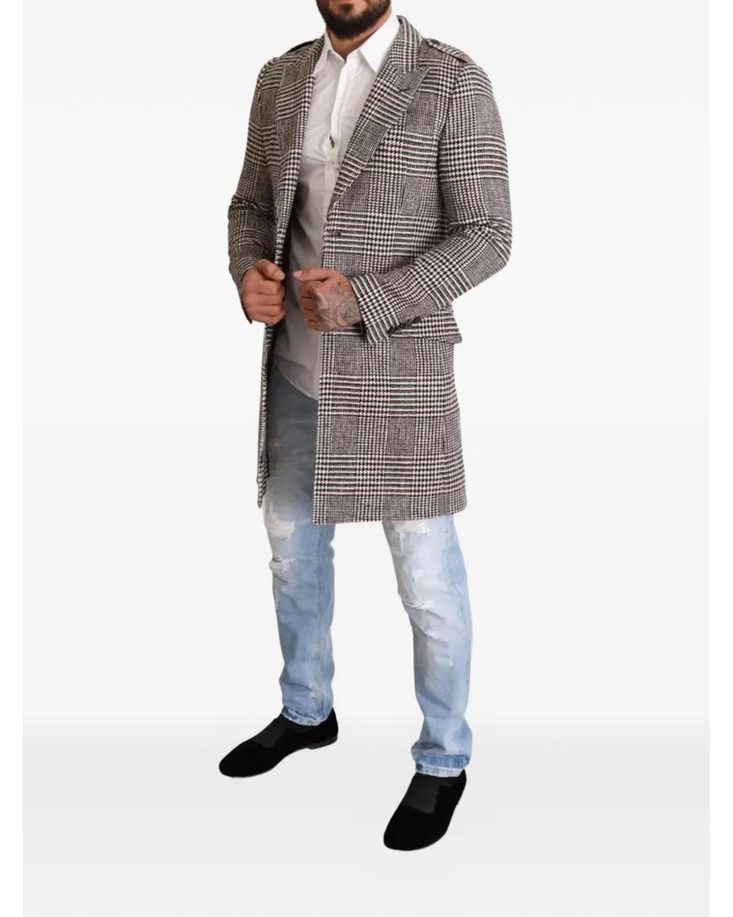 Dolce & Gabbana Gray Plaid-Pattern Single-Breasted Coat for men