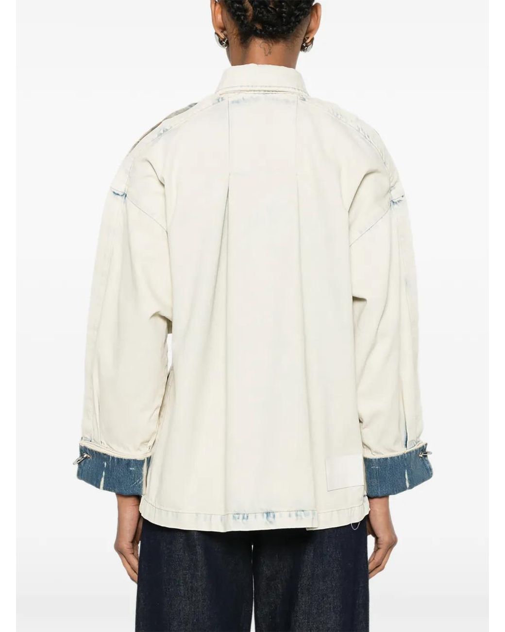 Erika Cavallini Semi Couture White Cut-Out Ring-Detail Denim Jacket