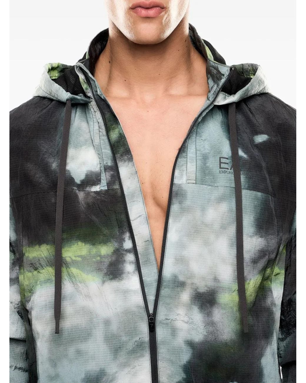 EA7 Green Abstract-Print Hooded Jacket for men