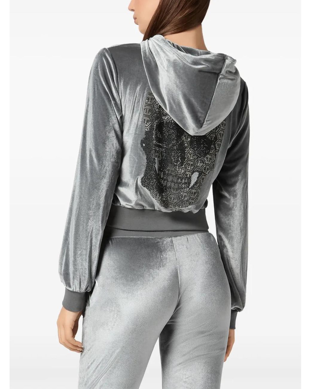 Philipp Plein Gray Chenille Hoodie Sweatjacket Strass Skull