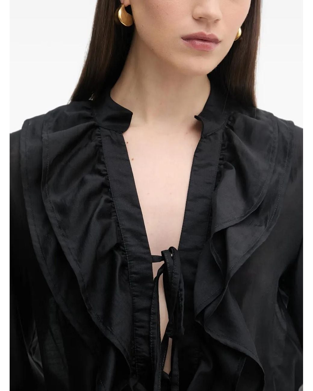 Haveone Black Ruffled Tie-Fastening Blouse