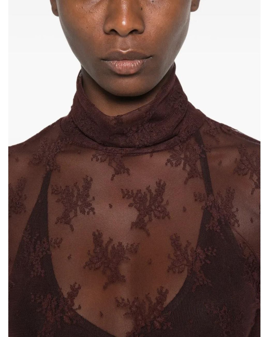 Imperial Brown Lace-Embroidered High-Neck Top