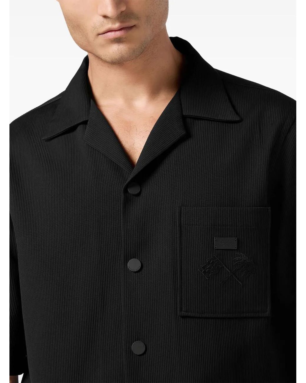 Philipp Plein Black Ribbed Bowling Shirt for men