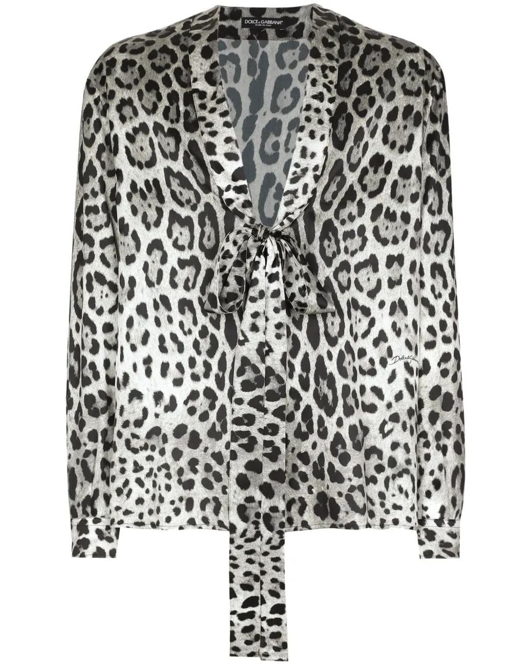 Dolce & Gabbana Gray Leopard-Print Silk Satin Pussy-Bow Shirt for men