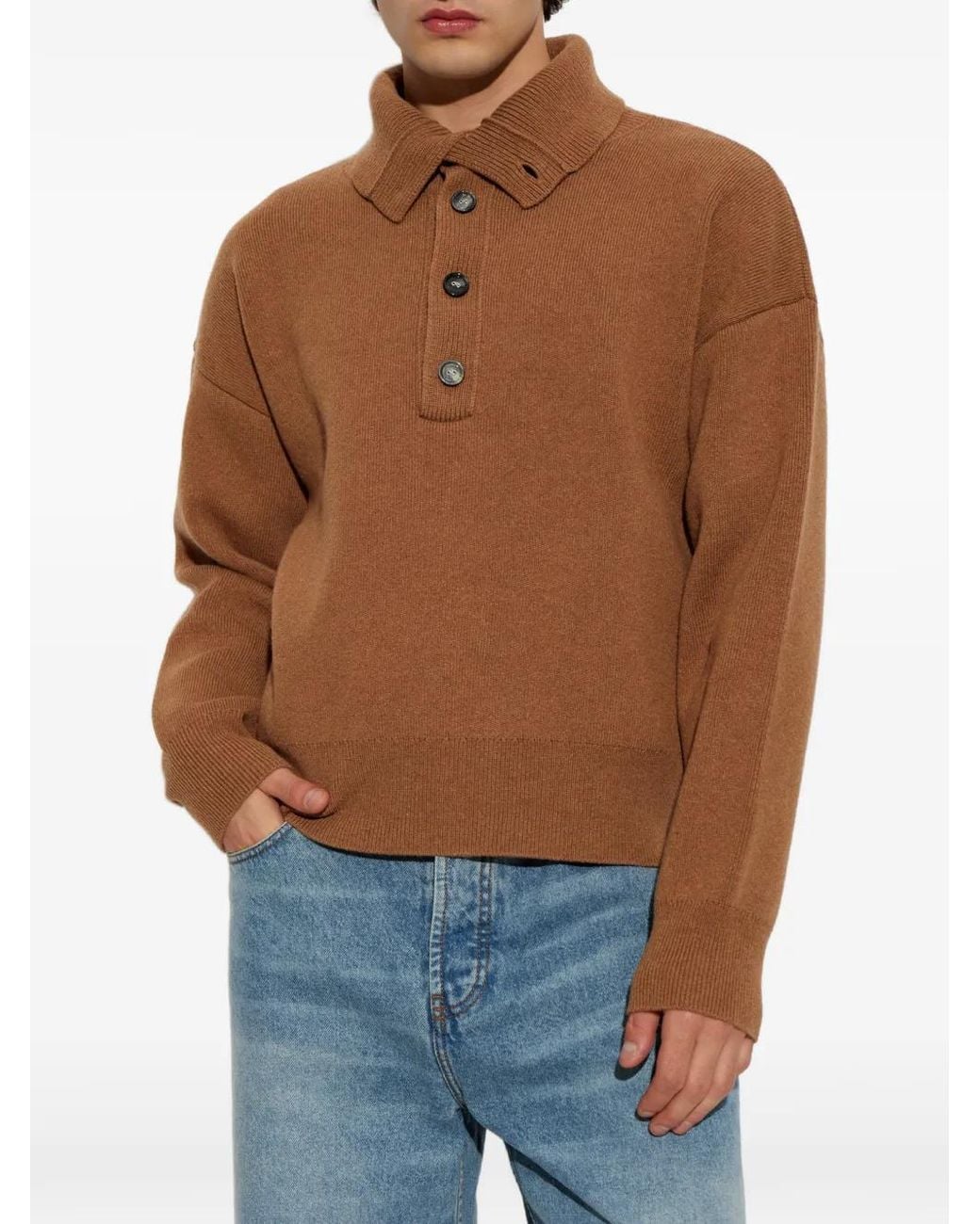 AMI Brown High Buttoned Collar Wool Sweater
