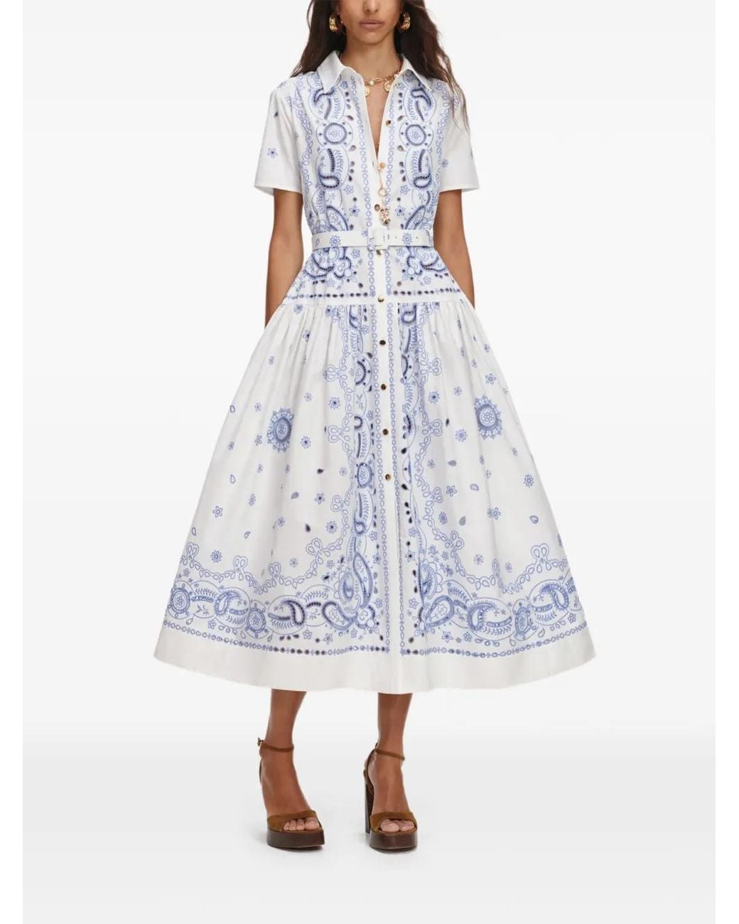 Self-Portrait White Paisley-Print Belted Shirt Dress